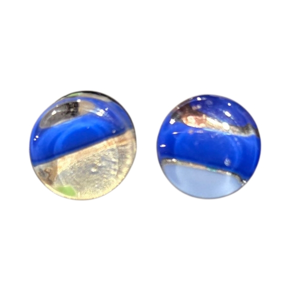 Vtg Murano Italy Round Glass Post Earrings Silver Blue Foil Artisan Jewelry - Picture 3 of 9